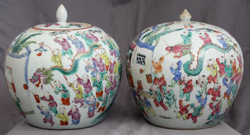 Pair Chinese Qing Famille Rose Hundred Boys Porcelain Ginger Jars Lids