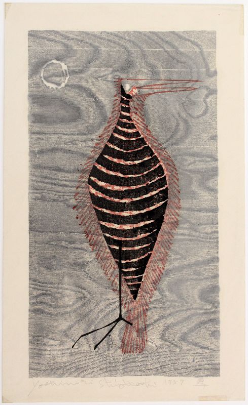 Rare Japanese Sosaku Hanga Woodblock Print Shiogoshi Yoshinori Bird