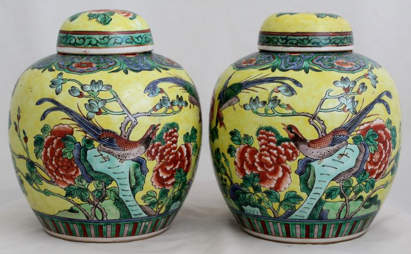 Pair Chinese Qing Famille Verte Lidded Porcelain Jars Yellow Birds