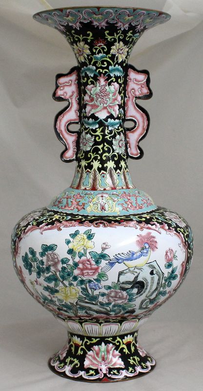 18" Tall Chinese Republic Period Canton Enamel Vase Bird Flower