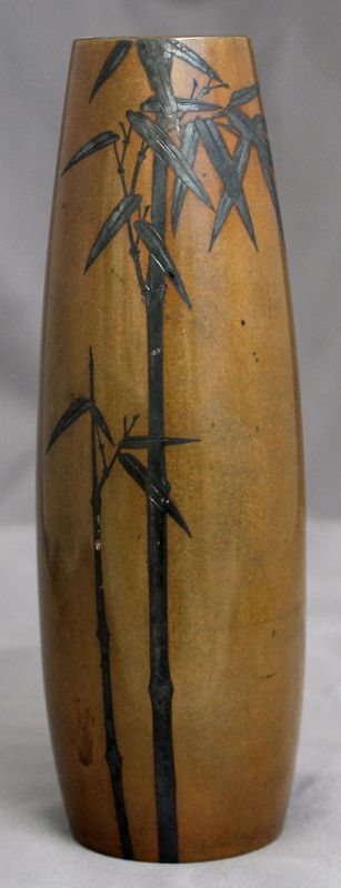 Japanese Meiji Bronze Silver Bamboo Vase Signed Kuroda & Mitsunobu
