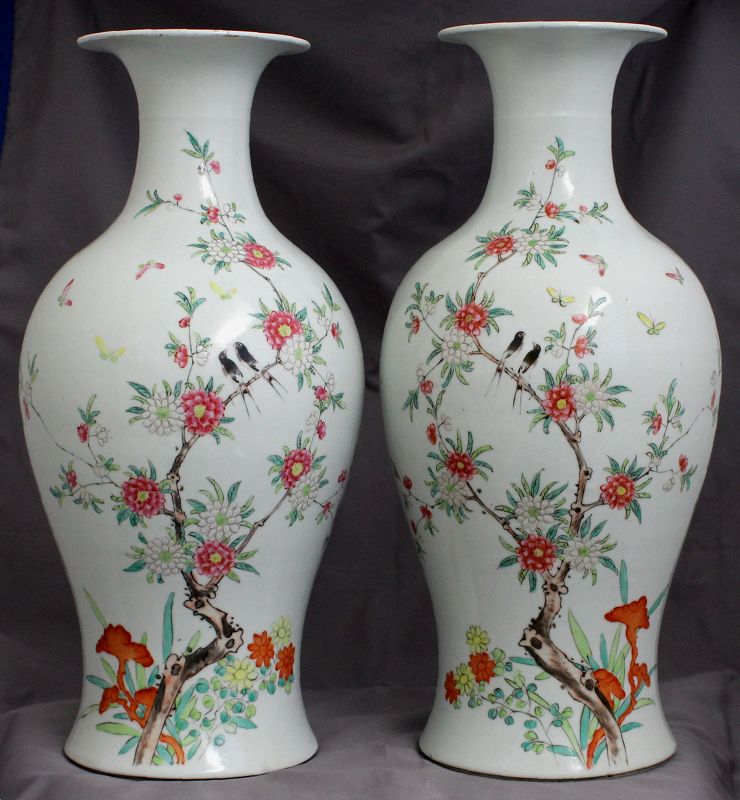 Pair 17" High Chinese Republic Famille Rose Fencai Vases Dated 1932