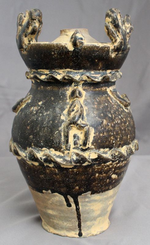 8.25"H Chinese Tang Dynasty Brown Glazed Wine Jar Dragon Vase with Cup