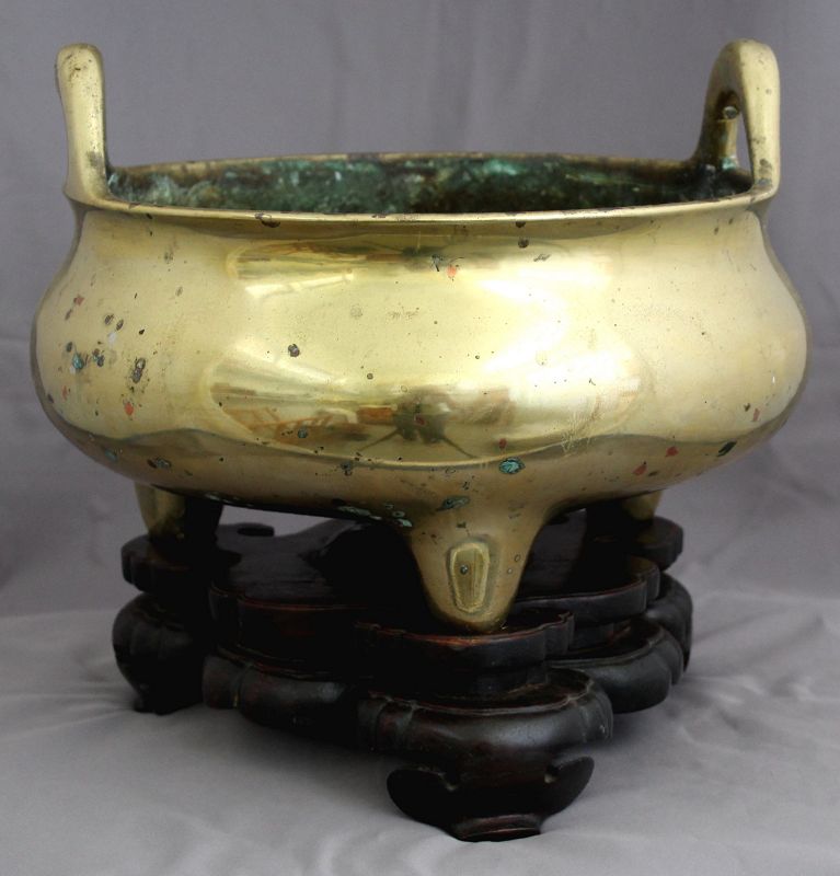 Massive Qing Xuande Mark Bronze Tripod Temple Censer Hardwood Stand