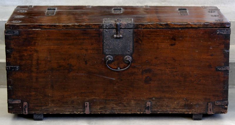 Large Korean Joseon Dynasty Walnut Wood Coin Chest Black Iron Hardware