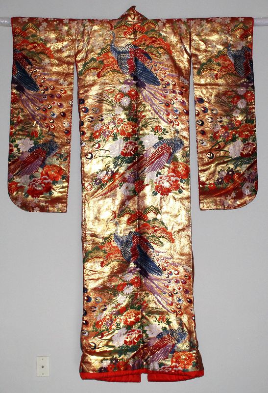 Japanese Vintage Silk Embroidered Uchikake Wedding Kimono Peacocks