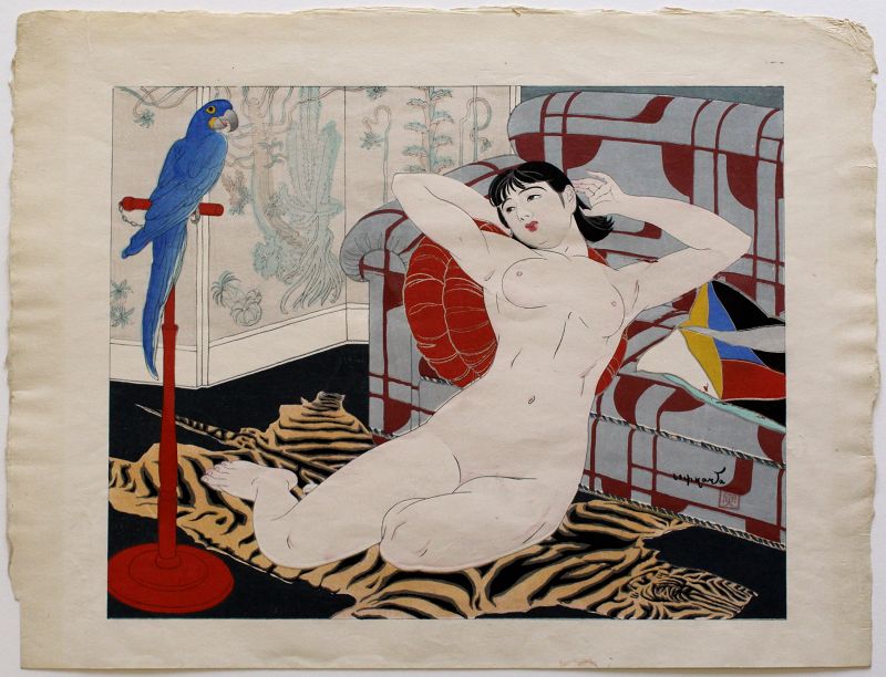 Ishikawa Toraji Blue Parrot Japanese Woodblock Print Ten Female Nudes