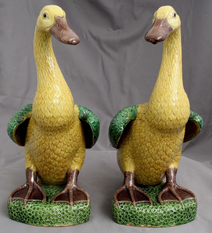 Pair 11.5"H Chinese Qing Iridescent Susancai Sancai Porcelain Ducks
