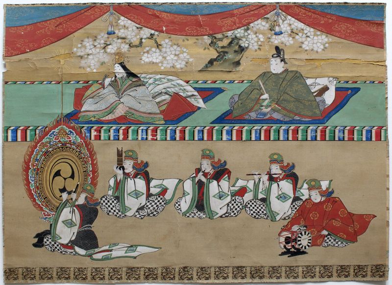 Japanese Ink and Color Silk Tosa School Style Painting 19th Century