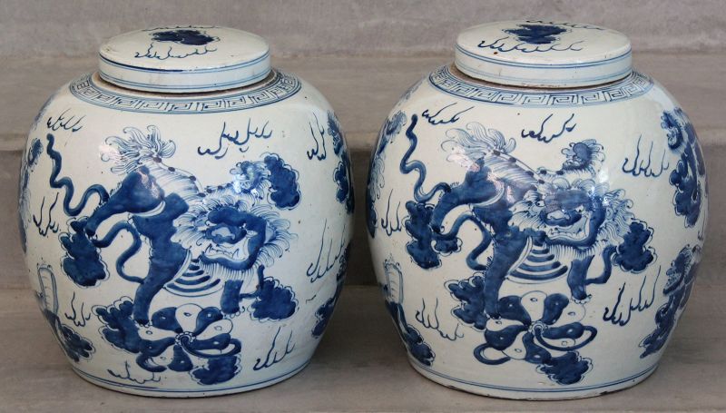 Pair of Large Chinese Qing Blue White Porcelain Lidded Jar Lion Dogs