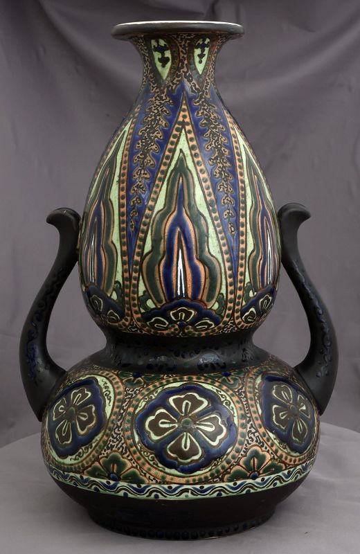 14.75" High Kinkozan Mark Japanese Meiji Satsuma Earthenware Vase