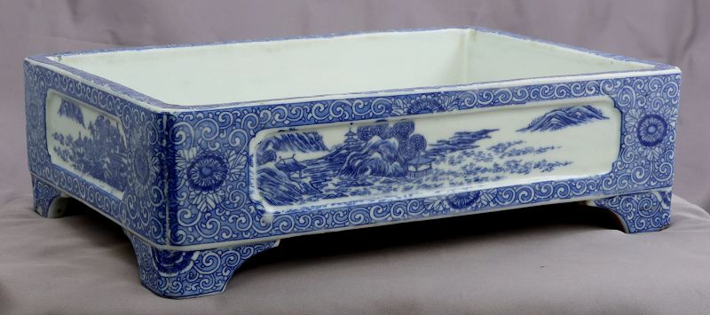 Japanese Meiji Arita Blue White Porcelain Suiban Ikebana Basin Vessel