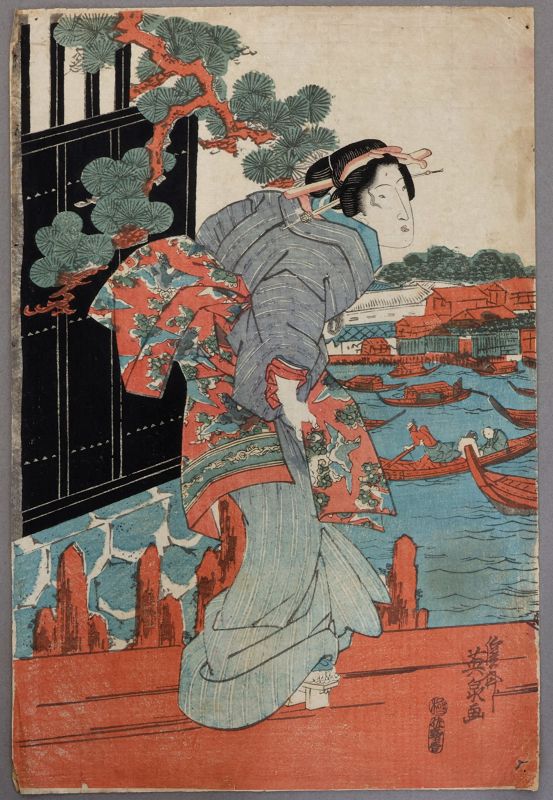 Keisai Eisen Japanese Edo Woodblock Print Evening Cool of Two Seasons