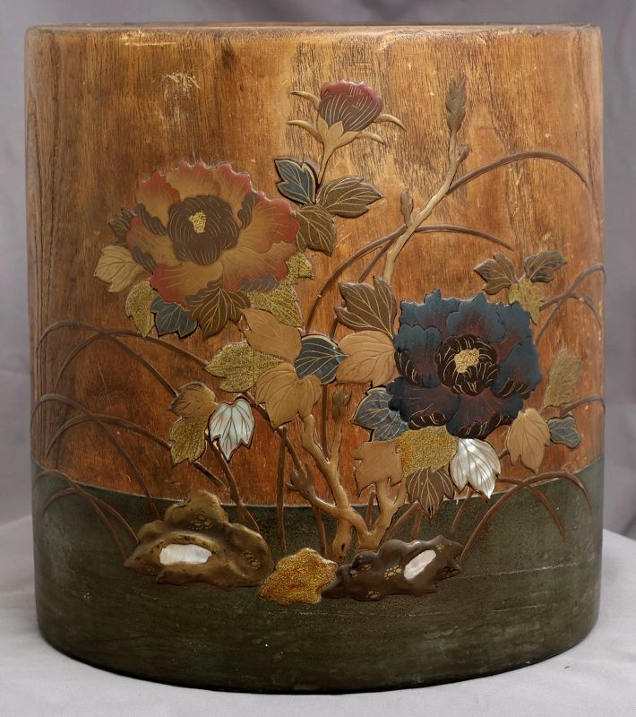 Japanese Meiji Pawlonia Kiri Wood Domaru Tree Trunk Hibachi Lacquer