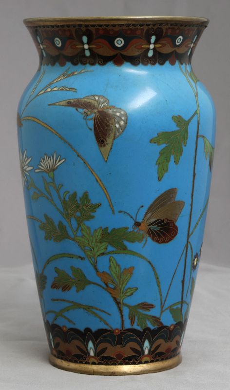 7 5/8" Japanese Meiji Cloisonne Enamel Vase Butterflies Chrysanthemum