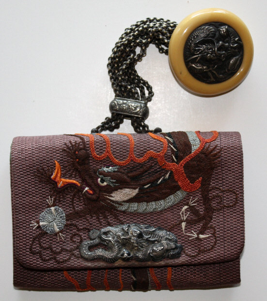 Japanese Tobacco Pouch Sagemono Ivory Netsuke Dragon