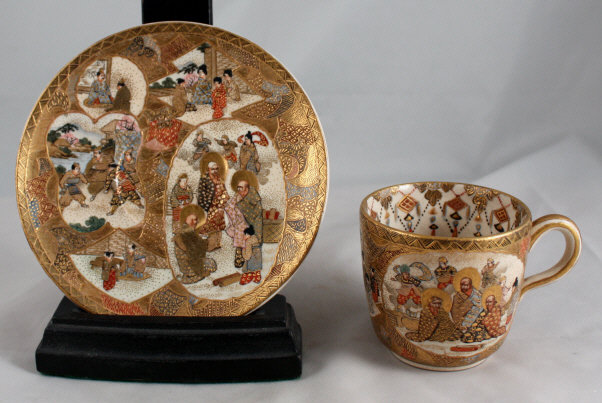 Japanese Meiji Satsuma Cup & Saucer Buddhist Arhats & Beauties